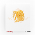 Angled view of a gold ladies ring showcasing the ornate square floral motif and decorative beaded side panels. Model RJLR0878.