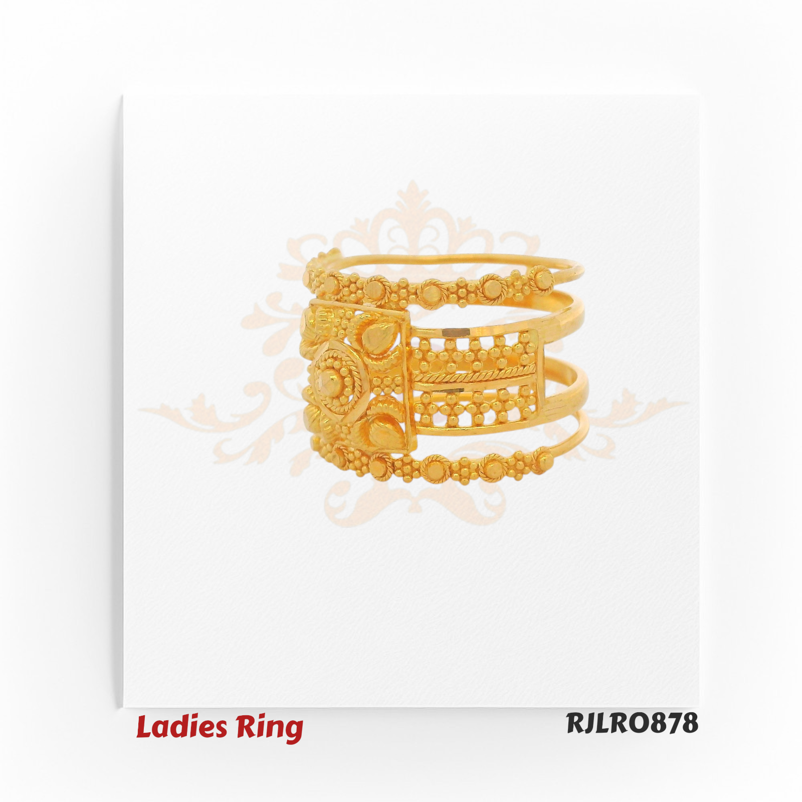 Side profile view of a gold ladies ring with a bold square floral design and delicate lattice-style band detailing. Model RJLR0878.