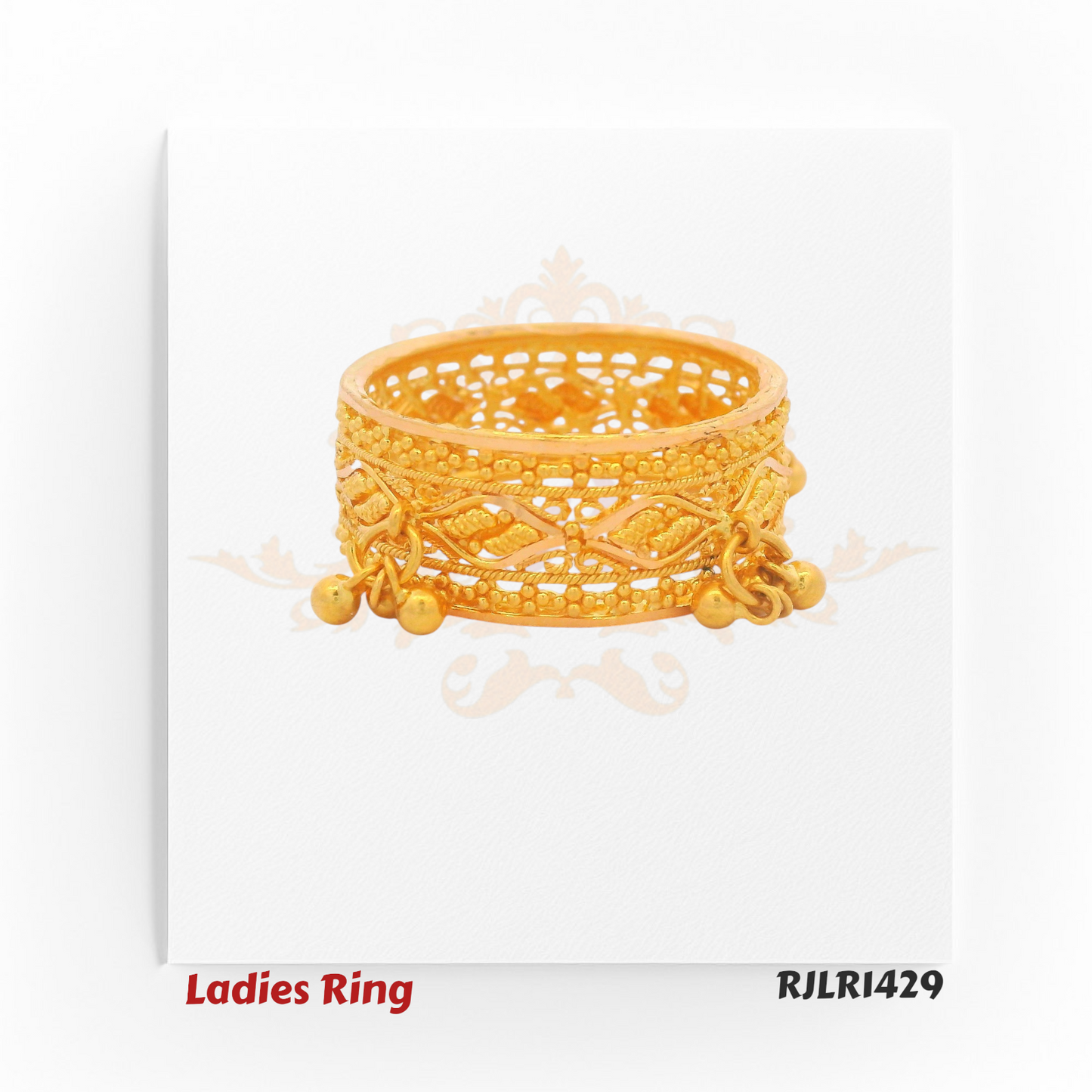 Top-down view of a beautifully detailed gold ladies ring showing the continuous filigree pattern and symmetrical placement of dangling balls for a charming finish. Model RJLR1429.