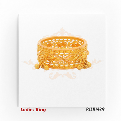 Top-down view of a beautifully detailed gold ladies ring showing the continuous filigree pattern and symmetrical placement of dangling balls for a charming finish. Model RJLR1429.