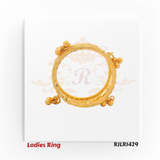 Angled view of an elegant gold ladies ring featuring a wide filigree band adorned with intricate leaf patterns and delicate beadwork, accented by small dangling gold balls. Model RJLR1429.