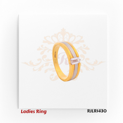 Angled view of a sleek ladies gold ring featuring a slim band with a central rectangular baguette-cut stone, flanked by dual-tone gold and white rhodium finish. Model RJLR1430.