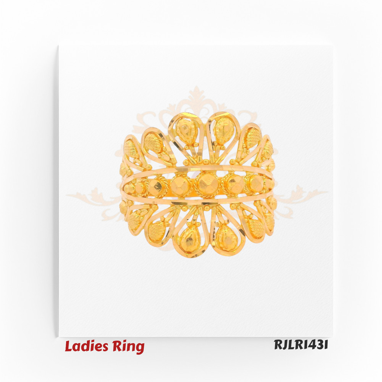 Front view: Front view of a gold ladies ring featuring symmetrical pear motifs arranged in a crown-like formation along the top. Model RJLR1431.