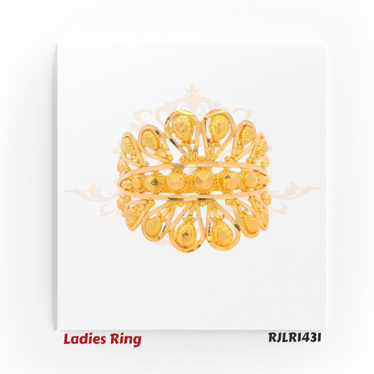Front view: Front view of a gold ladies ring featuring symmetrical pear motifs arranged in a crown-like formation along the top. Model RJLR1431.