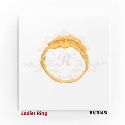Angled view: Elegant ladies ring in gold, designed with dual rows of pear-shaped motifs radiating from a central band, accented with textured surfaces and polished details. Model RJLR1431.