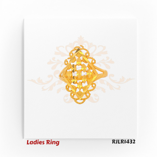 Front view of an elegant gold ladies ring featuring a diamond-shaped head with a reflective faceted surface and ornate scrollwork accents. Model RJLR1432.