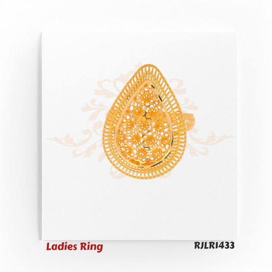 Front view of an elegant gold ladies ring with a large pear-shaped filigree head featuring intricate floral patterns. Model RJLR1433.