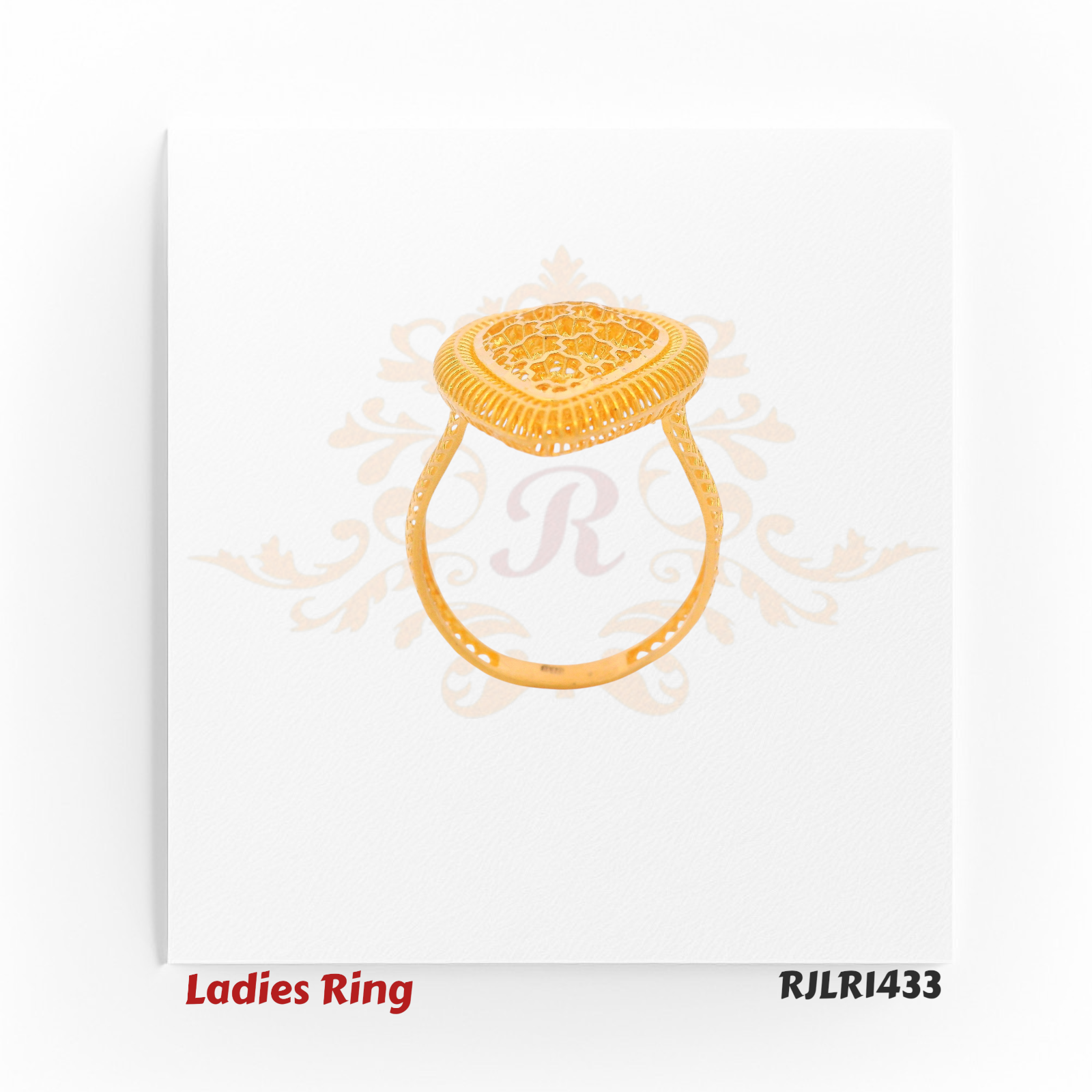 Side profile view of an elegant gold ladies ring highlighting the slender band and raised pear-shaped head. Model RJLR1433.