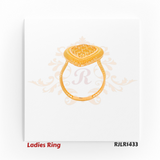 Side profile view of an elegant gold ladies ring highlighting the slender band and raised pear-shaped head. Model RJLR1433.