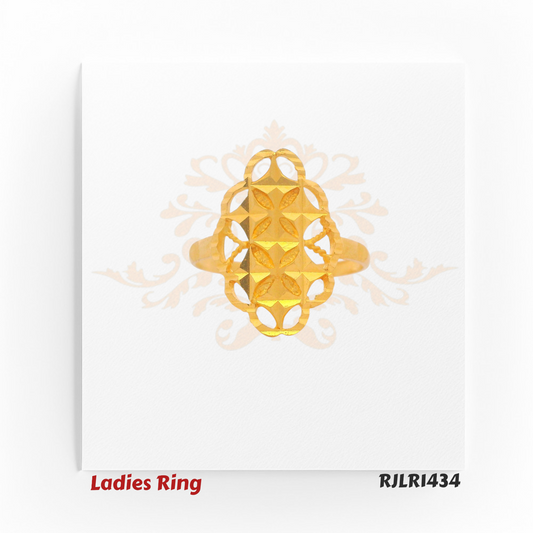 Front view of an elegant 22kt gold ladies ring with a rectangular lattice design featuring faceted diamond-cut details and openwork loops on the ends. Model RJLR1434.