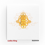 Front view of an elegant 22kt gold ladies ring with a rectangular lattice design featuring faceted diamond-cut details and openwork loops on the ends. Model RJLR1434.