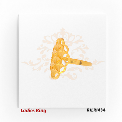 Side view of an elegant 22kt gold ladies ring highlighting the elongated filigree head and open lattice pattern. Model RJLR1434.