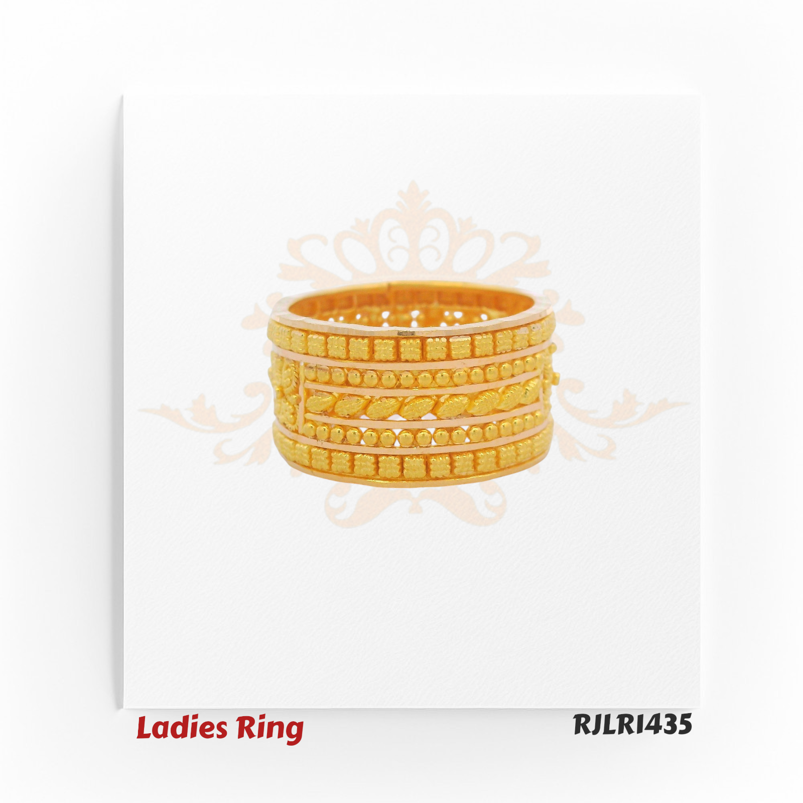 Front view of an elegant 22kt gold ladies ring featuring multiple parallel rows of beadwork and textured detailing, framed by polished edges. Model RJLR1435.