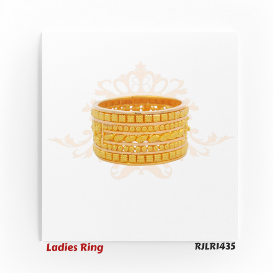 Front view of an elegant 22kt gold ladies ring featuring multiple parallel rows of beadwork and textured detailing, framed by polished edges. Model RJLR1435.