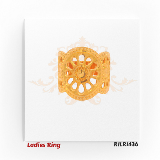 Front view of an elegant 22kt gold ladies ring featuring a wide band with a circular openwork sunburst pattern bordered by intricate bead detailing. Model RJLR1436.