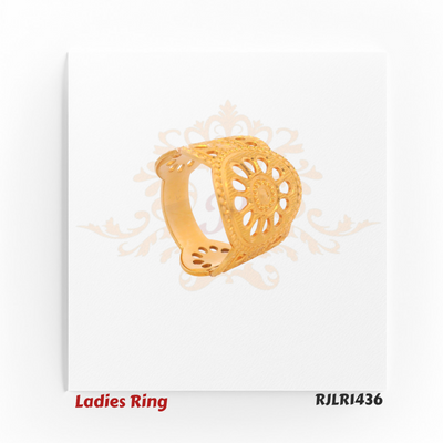 Angled view of an elegant 22kt gold ladies ring showcasing the raised circular centerpiece with symmetrical cutouts and textured edges. Model RJLR1436.