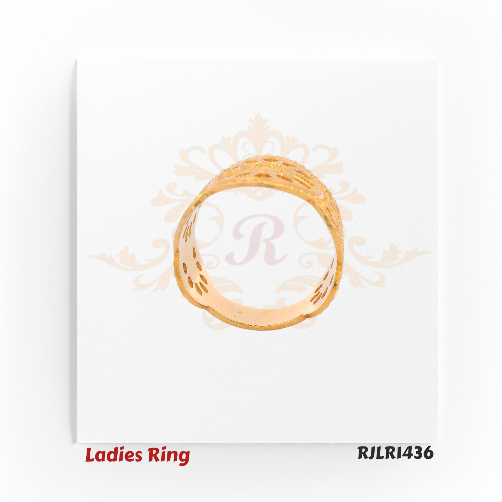 Side profile view of an elegant 22kt gold ladies ring revealing the smooth inner shank and continuous cutout pattern along the band. Model RJLR1436.