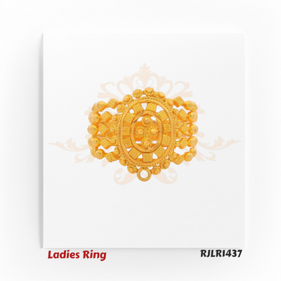 Angled view of an ornate 22kt gold ladies ring featuring a central oval medallion framed by intricate beaded latticework and floral detailing along the band. Model RJLR1437.