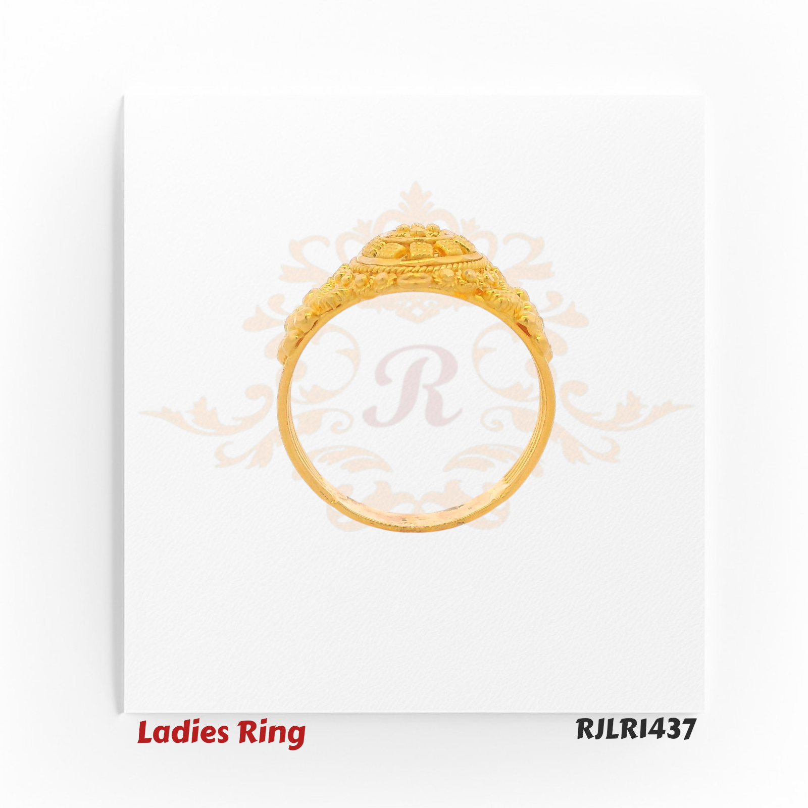 Front view of an ornate 22kt gold ladies ring highlighting the domed medallion design with symmetrical beadwork and scroll-like motifs. Model RJLR1437.