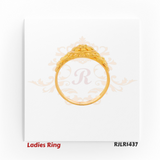 Front view of an ornate 22kt gold ladies ring highlighting the domed medallion design with symmetrical beadwork and scroll-like motifs. Model RJLR1437.