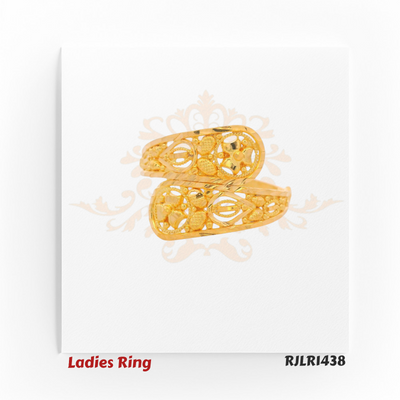 Angled view of an elegant 22kt gold ladies ring showcasing sweeping twin bands with intricate openwork filigree and floral accents. Model RJLR1438.