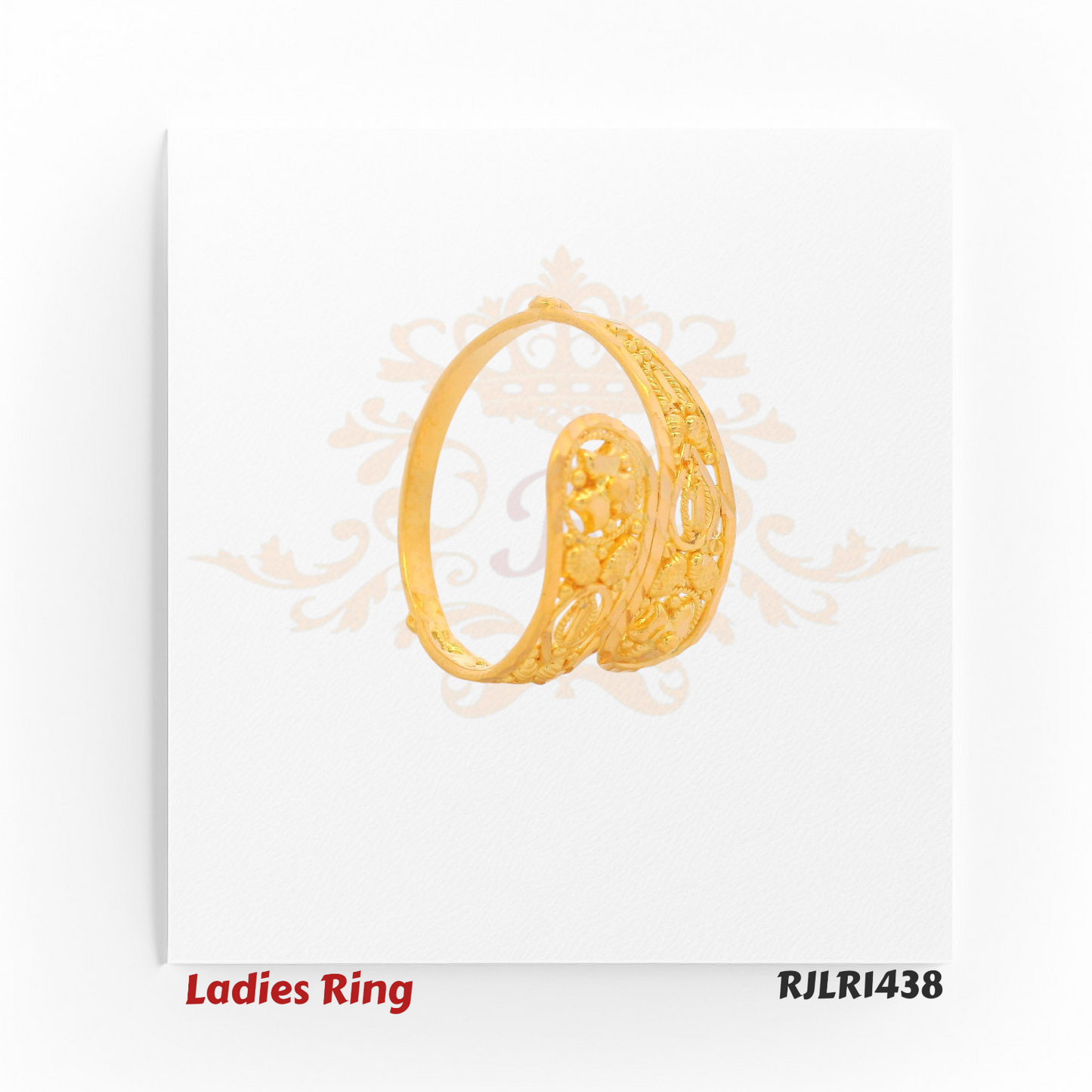 Side profile view of an elegant 22kt gold ladies ring highlighting the curving bypass design and delicate cutout detailing along the shank. Model RJLR1438.