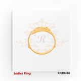 Front view of an elegant 22kt gold ladies ring featuring a domed filigree head with leaf‑and‑petal motifs across the top. Model RJLR1438.