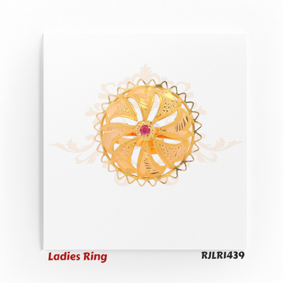 RJLR1439 – "Front view of gold ladies ring RJLR1439 with intricate petal design and central pink gemstone.