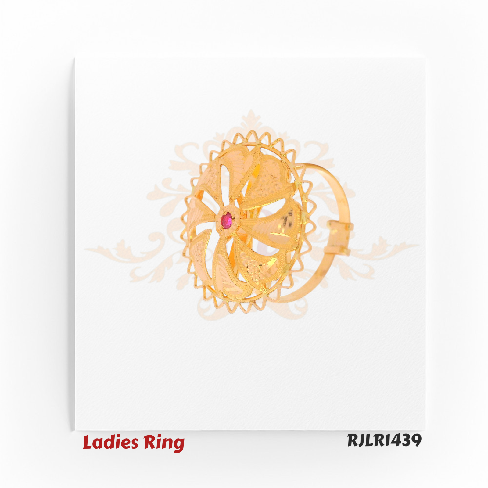 RJLR1439 – Side angle of gold ladies ring RJLR1439 showcasing raised floral motif and pink gemstone center.