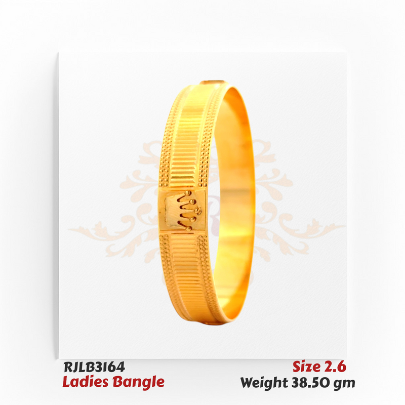 Angled view of a wide gold ladies bangle with a ridged textured pattern along the band, highlighted by a raised crown emblem at the center for a bold and luxurious statement. Model RJLB3164