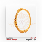 Intricately crafted gold ladies bangle featuring a combination of textured floral motifs, raised dome accents, and detailed line engravings, offering a bold and traditional look. Model RJLB3205.