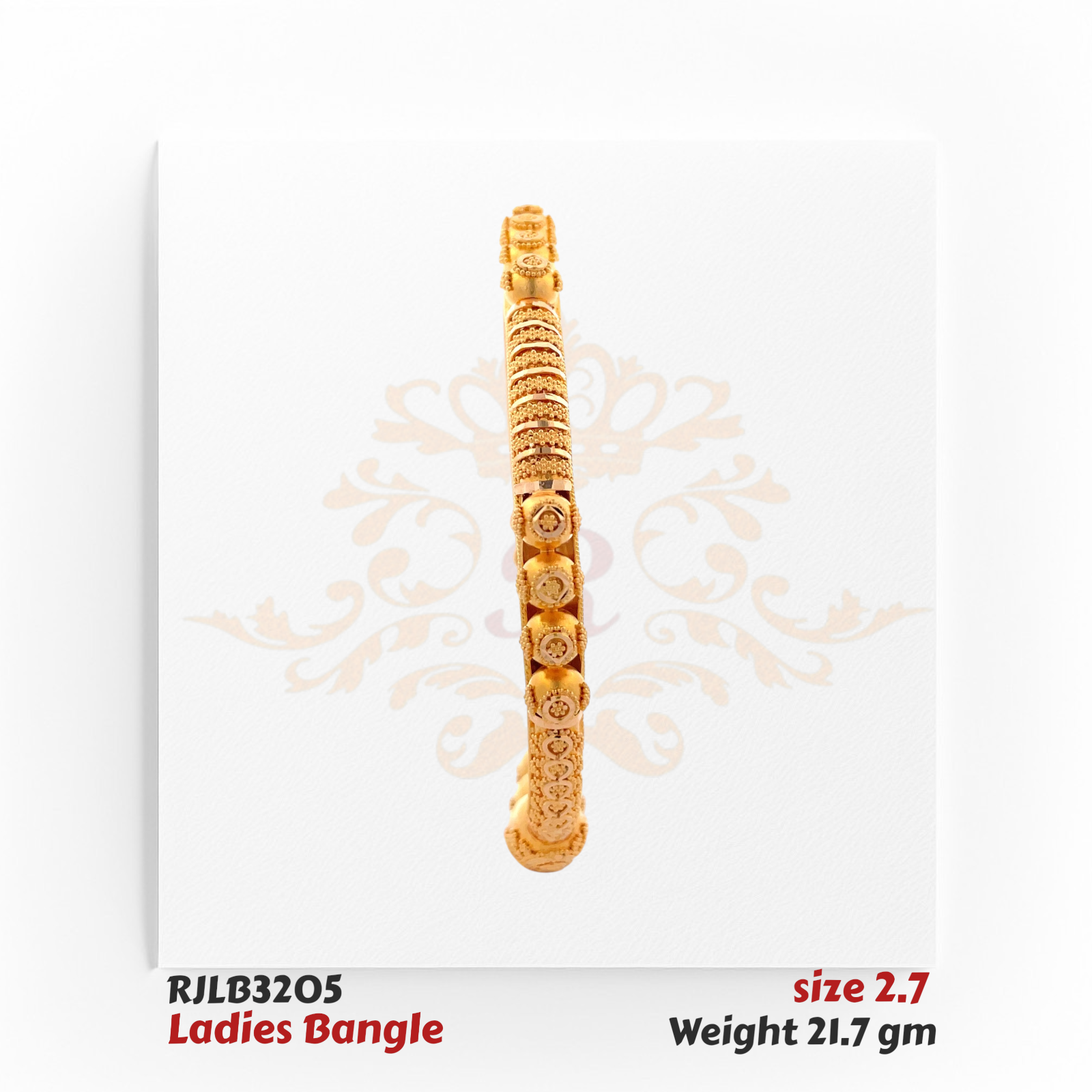 Side profile view of a detailed gold ladies bangle adorned with alternating dome-shaped floral motifs and textured engraved patterns, creating a rich and ornate design. Model RJLB3205.