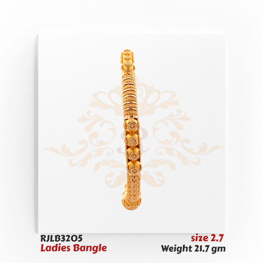 Side profile view of a detailed gold ladies bangle adorned with alternating dome-shaped floral motifs and textured engraved patterns, creating a rich and ornate design. Model RJLB3205.