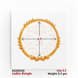 Top view of a gold ladies bangle adorned with raised dome-shaped floral motifs along the edges and three larger ornate beads at the center, showcasing intricate traditional craftsmanship. Model RJLB3205.