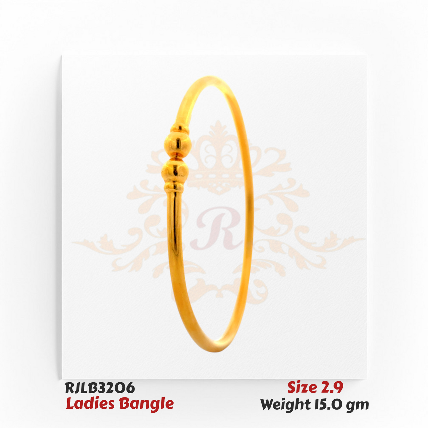 Minimalist gold ladies bangle featuring a sleek round band accented with two polished spherical beads at the center, offering a refined and timeless style. Model RJLB3206.