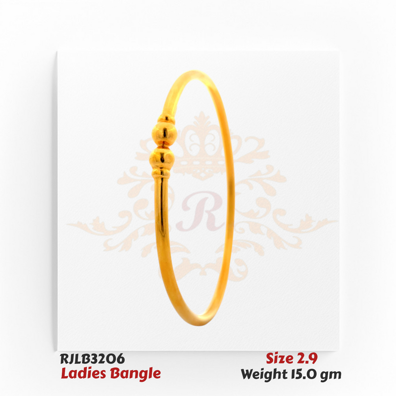 Minimalist gold ladies bangle featuring a sleek round band accented with two polished spherical beads at the center, offering a refined and timeless style. Model RJLB3206.