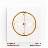 Top view of a sleek and minimalist gold ladies bangle featuring a smooth, polished surface with a simple dual-bead clasp accent for understated elegance. Model RJLB3206.