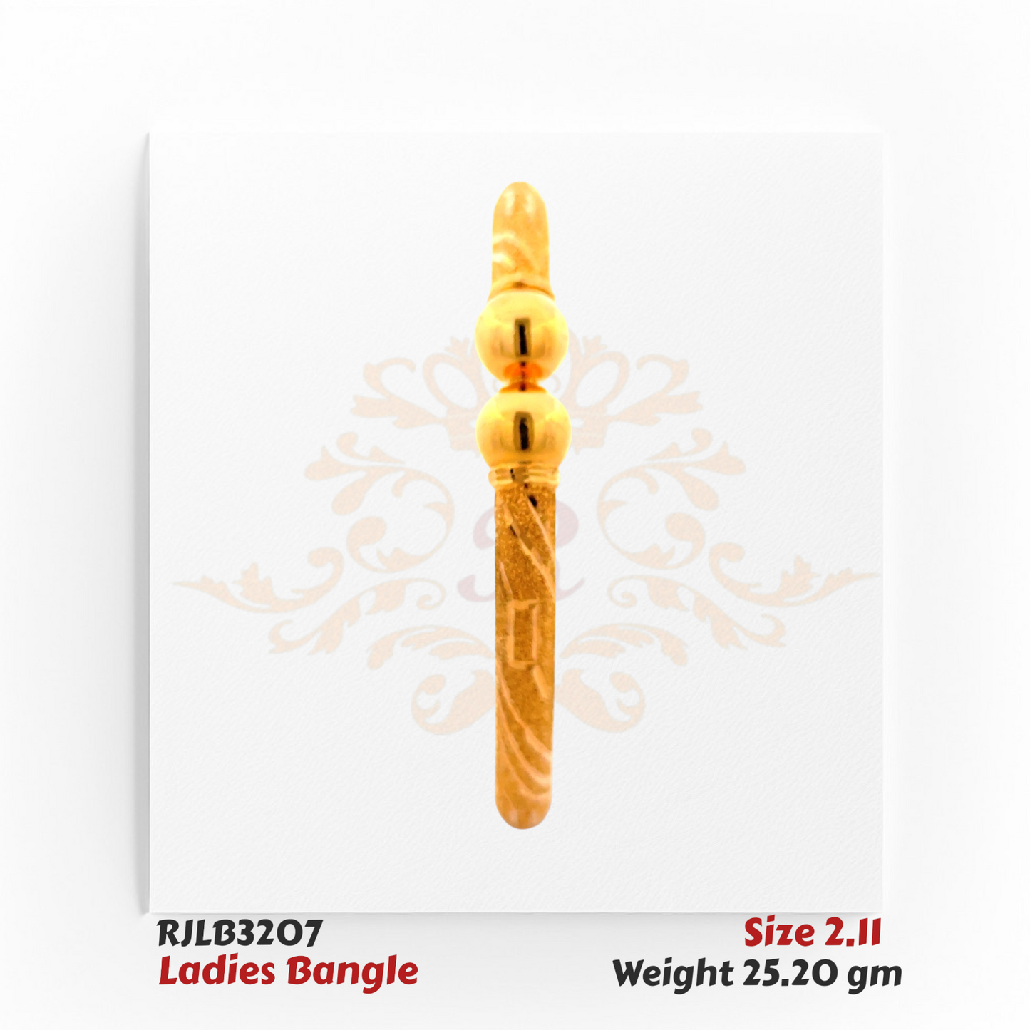 Front view of a gold ladies bangle with a textured engraved band, highlighted by two smooth spherical beads at the center for a balanced and traditional design. Model RJLB3207.