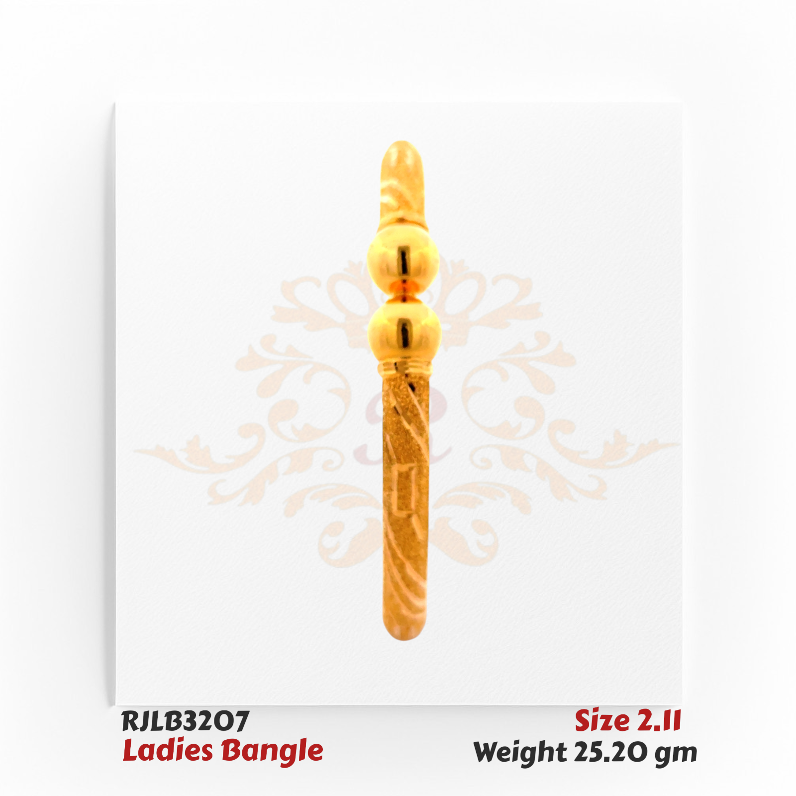 Front view of a gold ladies bangle with a textured engraved band, highlighted by two smooth spherical beads at the center for a balanced and traditional design. Model RJLB3207.