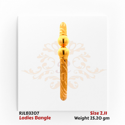 Front view of a gold ladies bangle with a textured engraved band, highlighted by two smooth spherical beads at the center for a balanced and traditional design. Model RJLB3207.