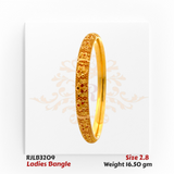 Angled view of a gold ladies bangle with an intricate geometric lattice pattern featuring hexagonal and floral motifs, creating a detailed and elegant traditional look. Model RJLB3209