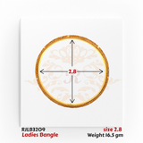 Top view of a sleek gold ladies bangle featuring a fine textured pattern along the outer edge, adding subtle elegance to its minimalist round design. Model RJLB3209.