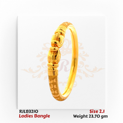 Angled view of a gold ladies bangle featuring a textured engraved band with a central design of polished, ornate bead-like segments, blending elegance with traditional artistry. Model RJLB3210.