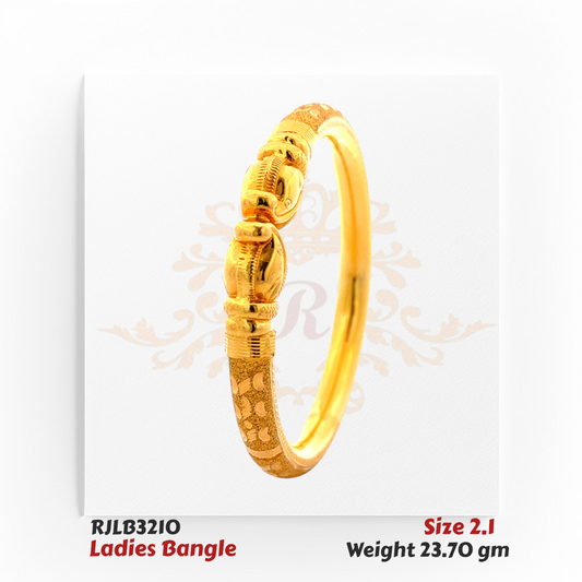 Angled view of a gold ladies bangle featuring a textured engraved band with a central design of polished, ornate bead-like segments, blending elegance with traditional artistry. Model RJLB3210.