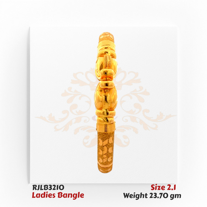 Front view of a gold ladies bangle with a central arrangement of polished, ornate bead-like segments and a textured engraved band, showcasing a blend of elegance and traditional detail. Model RJLB3210.