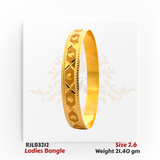Angled view of a gold ladies bangle featuring a central band with alternating diamond-cut hexagon and X-shaped patterns, bordered by delicate beaded edges for a refined traditional look. Model RJLB3212.