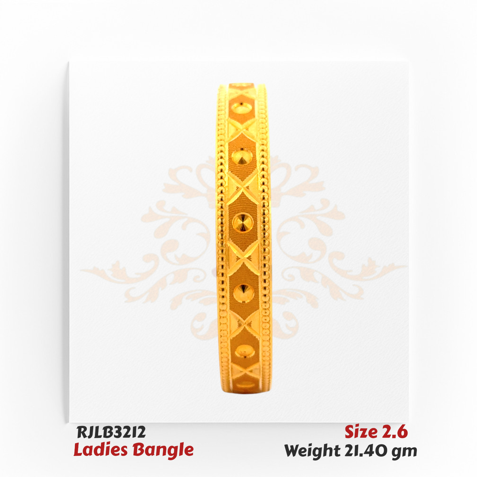Front view of a gold ladies bangle showcasing a repeating pattern of diamond-cut hexagons framed by X-shaped designs, bordered with fine beaded edges for an elegant finish. Model RJLB3212.