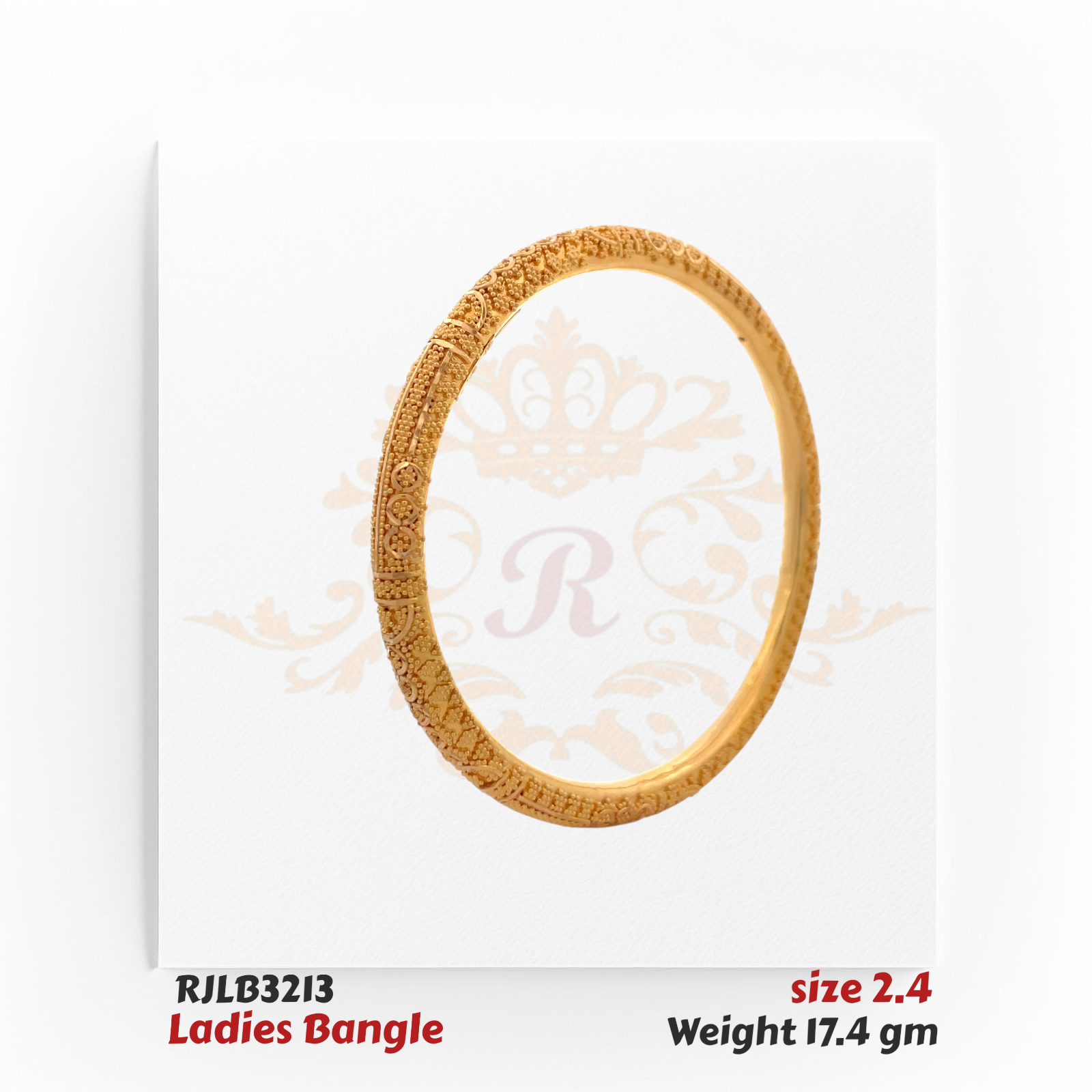 Angled view of a finely detailed gold ladies bangle adorned with intricate floral, scroll, and lattice engravings, complemented by delicate beaded textures for a timeless traditional look. Model RJLB3213.