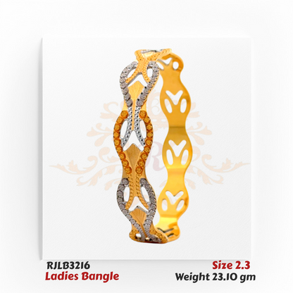 Angled view of a gold ladies bangle with an intricate openwork wave design, accented by white and yellow stone embellishments for a striking and contemporary look. Model RJLB3216.