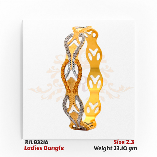 Angled view of a gold ladies bangle with an intricate openwork wave design, accented by white and yellow stone embellishments for a striking and contemporary look. Model RJLB3216.